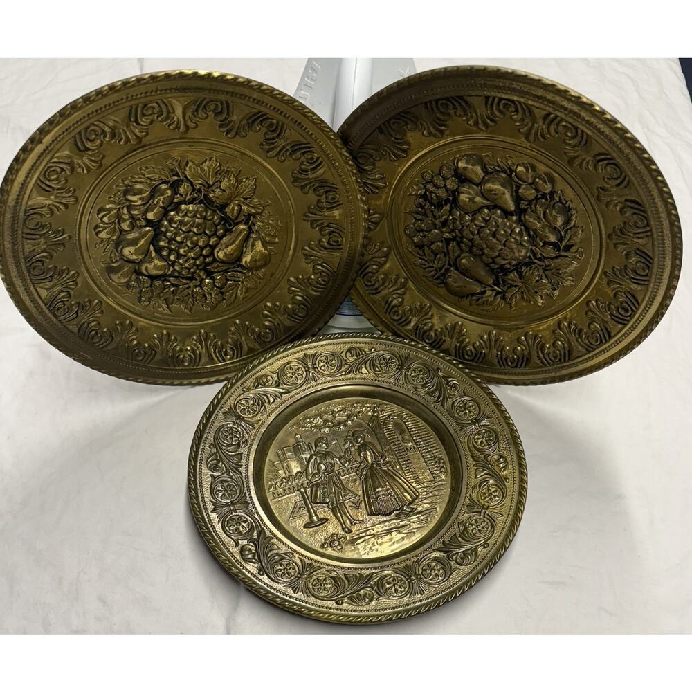 Vintage Embossed Brass Wall Plate Set Made In England - 3 Plates 12 Inch Wide